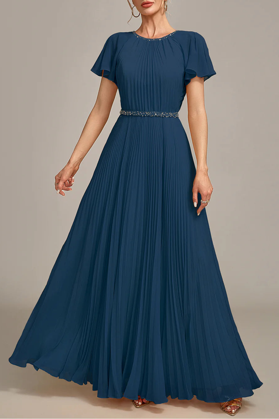 Navy Beaded Pleated Round Neck A-Line Long Mother of Bride Dress With Short Sleeves