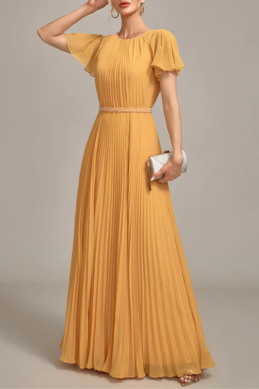 Navy Beaded Pleated Round Neck A-Line Long Mother of Bride Dress With Short Sleeves