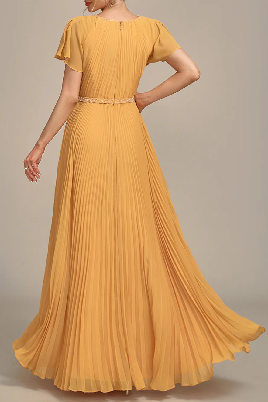 Navy Beaded Pleated Round Neck A-Line Long Mother of Bride Dress With Short Sleeves