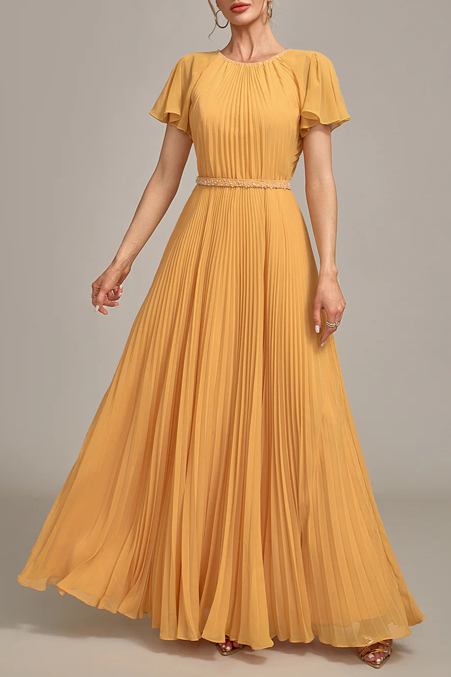 Navy Beaded Pleated Round Neck A-Line Long Mother of Bride Dress With Short Sleeves