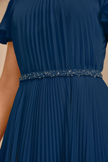 Navy Beaded Pleated Round Neck A-Line Long Mother of Bride Dress With Short Sleeves