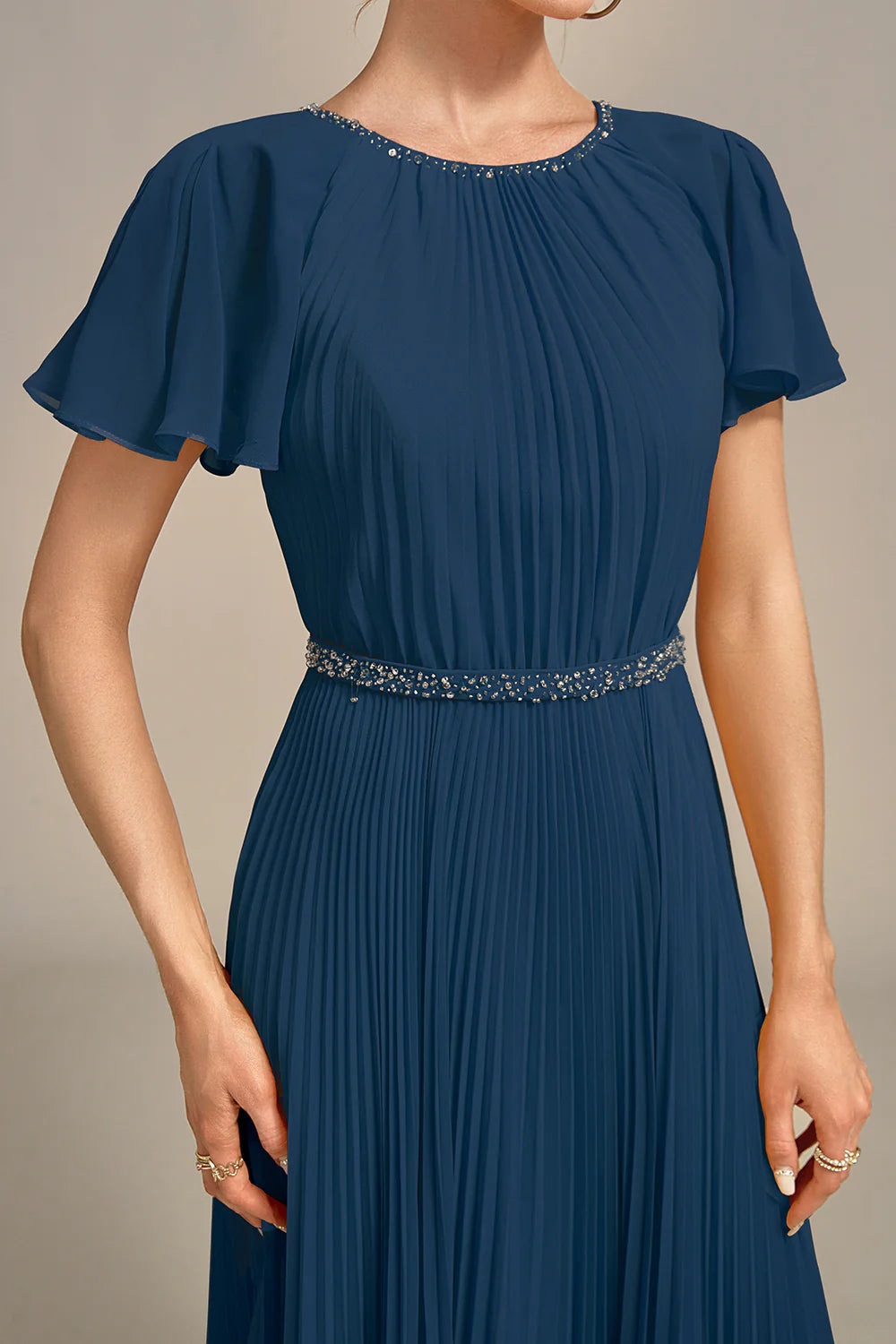 Navy Beaded Pleated Round Neck A-Line Long Mother of Bride Dress With Short Sleeves