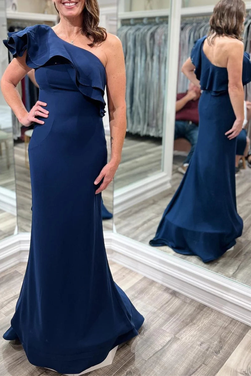 Navy Blue Chiffon One-Shoulder Ruffle Mermaid Floor Length Mother of the Bride Dress