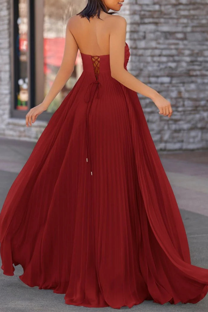 Navy Blue Chiffon Pleated A Line Open Back Strapless Floor Length Long Prom Dress