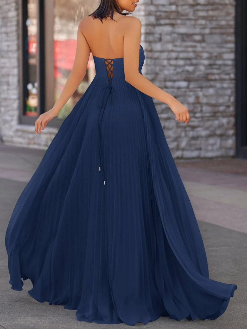 Navy Blue Chiffon Pleated A Line Open Back Strapless Floor Length Long Prom Dress