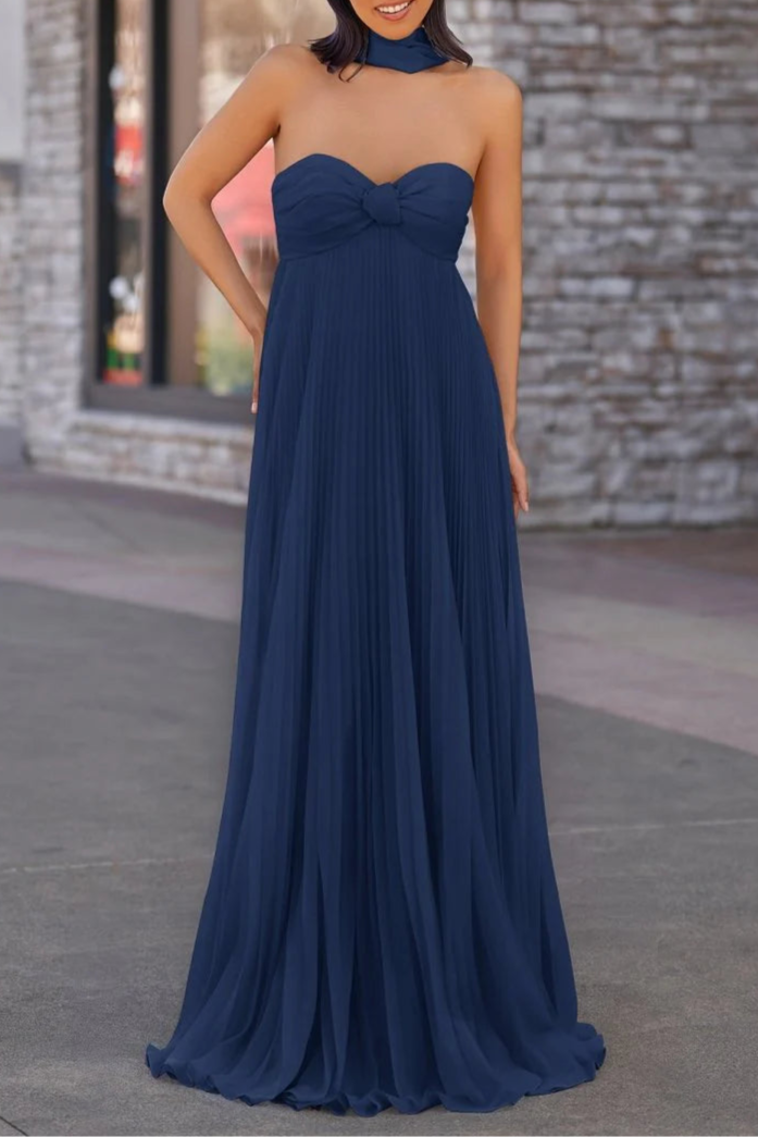 Navy Blue Chiffon Pleated A Line Open Back Strapless Floor Length Long Prom Dress