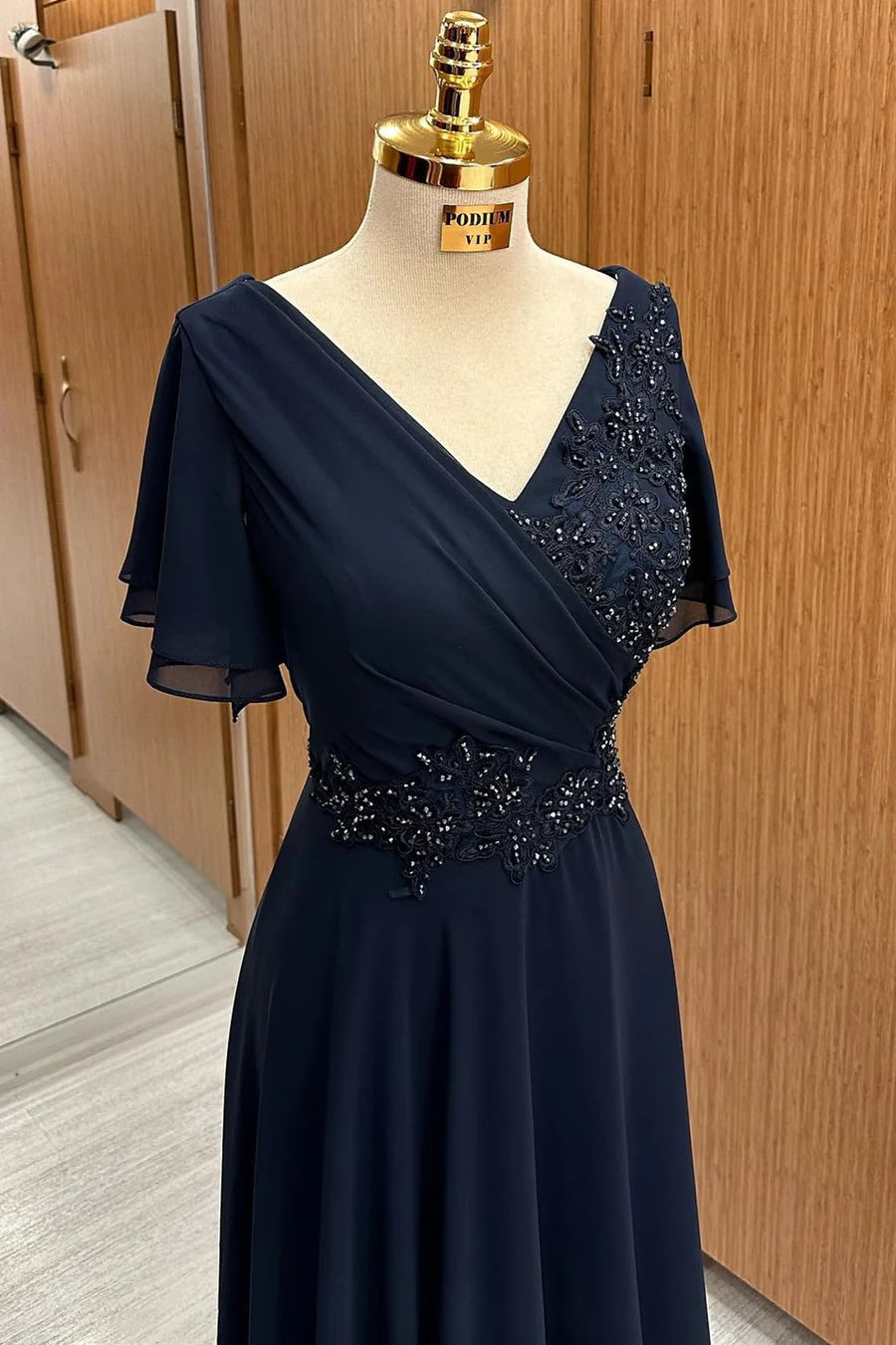 Navy Blue Chiffon With Beaded V-Neck Embroidery Floor Length Mother of the Bride Dress