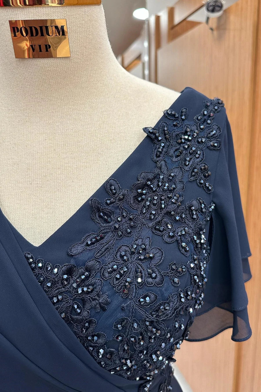 Navy Blue Chiffon With Beaded V-Neck Embroidery Floor Length Mother of the Bride Dress
