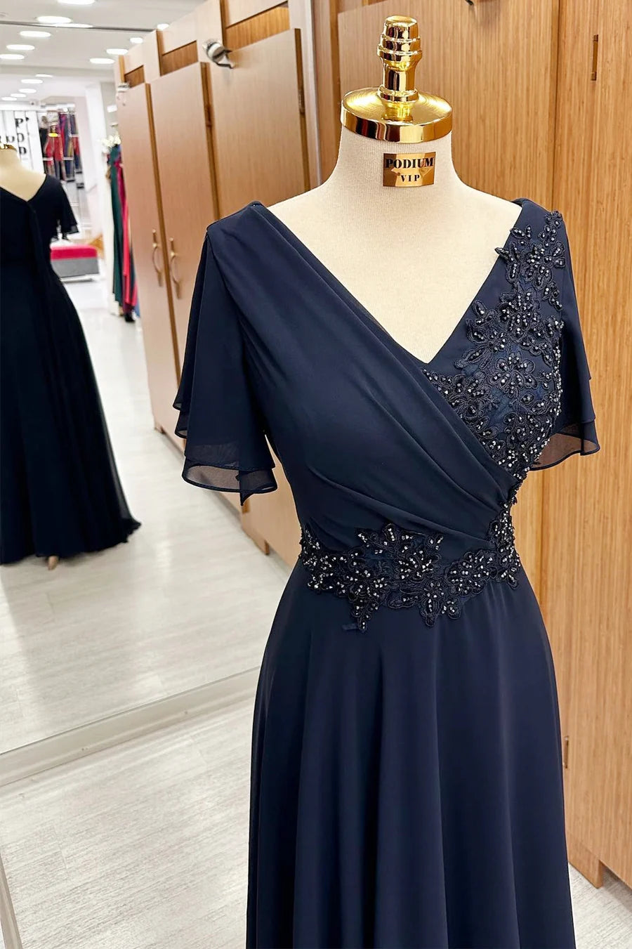 Navy Blue Chiffon With Beaded V-Neck Embroidery Floor Length Mother of the Bride Dress