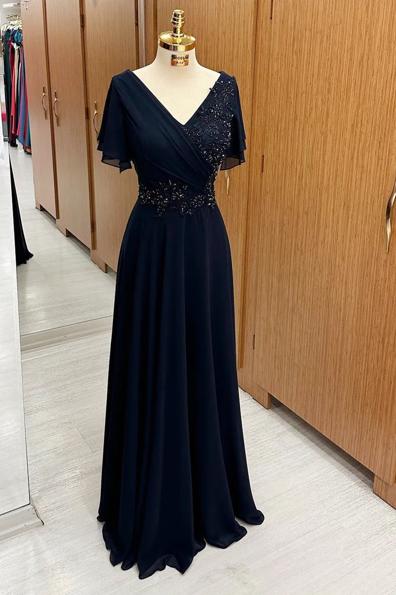 Navy Blue Chiffon With Beaded V-Neck Embroidery Floor Length Mother of the Bride Dress