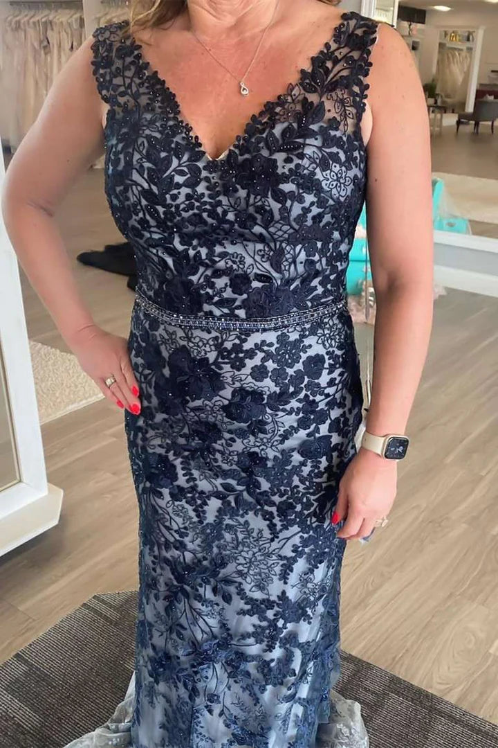 Navy Blue Floral Lace V-Neck Sheath Floor length Mother of the Bride Dress Evening Dress