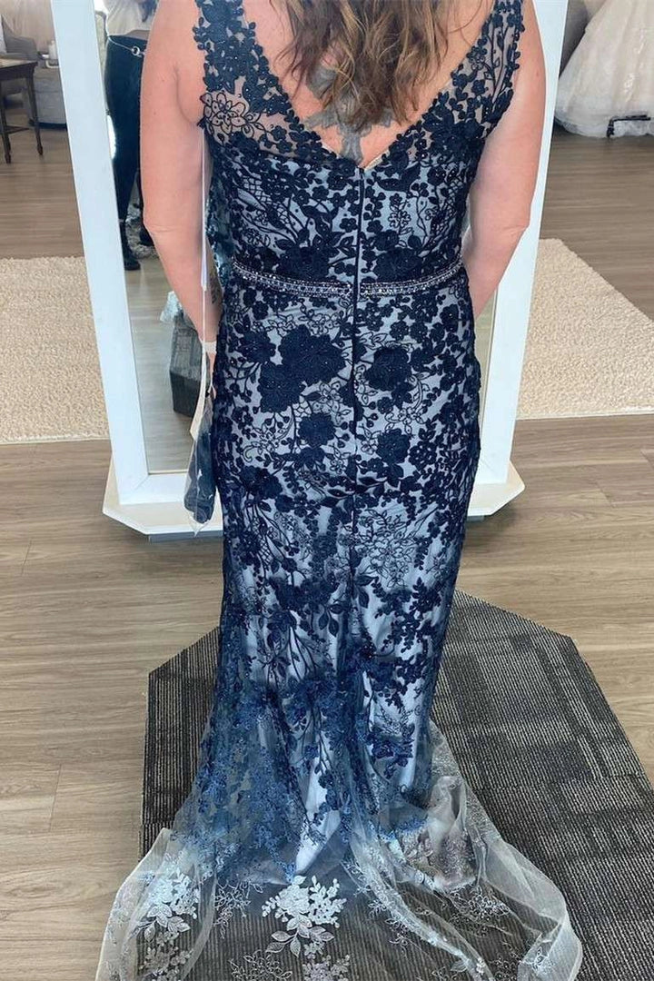 Navy Blue Floral Lace V-Neck Sheath Floor length Mother of the Bride Dress Evening Dress