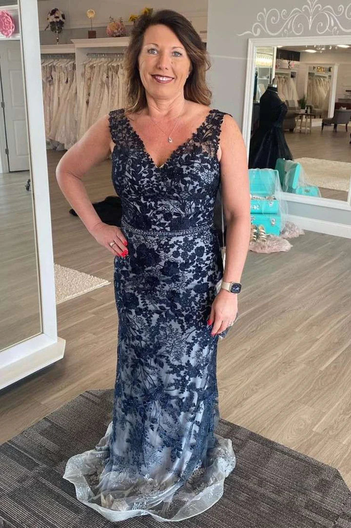 Navy Blue Floral Lace V-Neck Sheath Floor length Mother of the Bride Dress Evening Dress