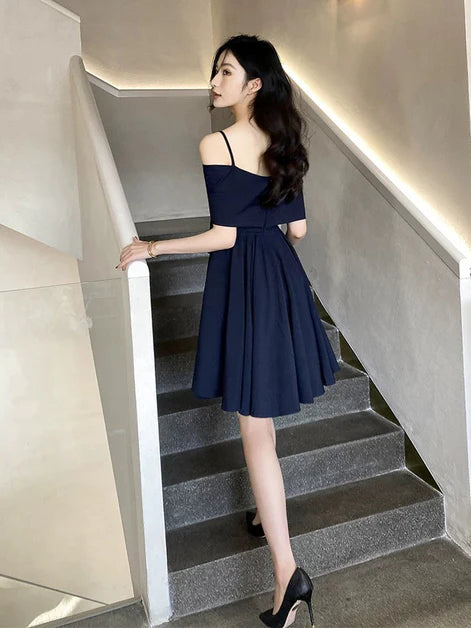 Navy Blue Knee Length Off Shoulder Homecoming Dress Short Prom Dress with spaghetti straps