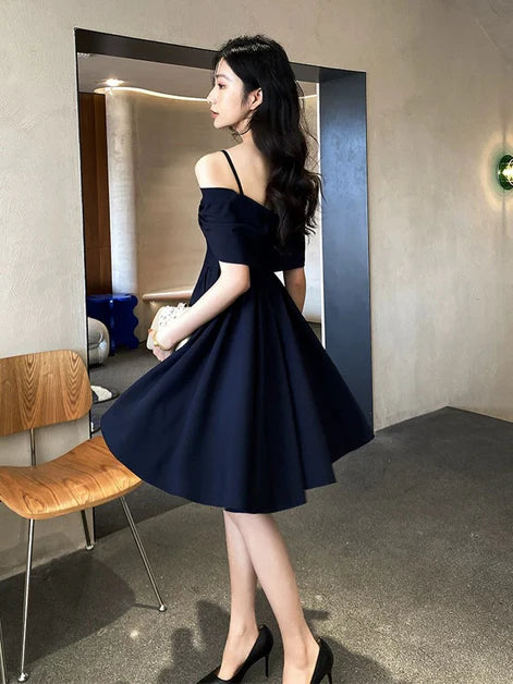 Navy Blue Knee Length Off Shoulder Homecoming Dress Short Prom Dress with spaghetti straps