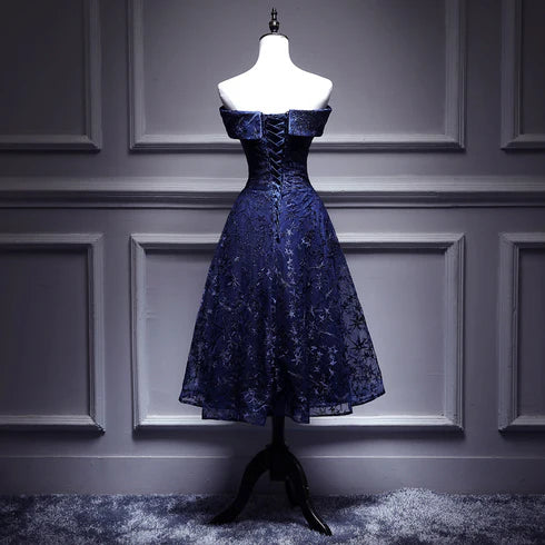 Navy Blue Lace Off Shoulder Wedding Party Dress Bridesmaid Dress Homecoming Dress