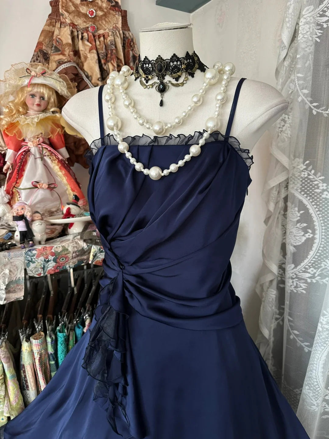 Navy Blue Satin Spaghetti Straps A Line Short Evening Dress Vintage Short Party Dress Homecoming Dress