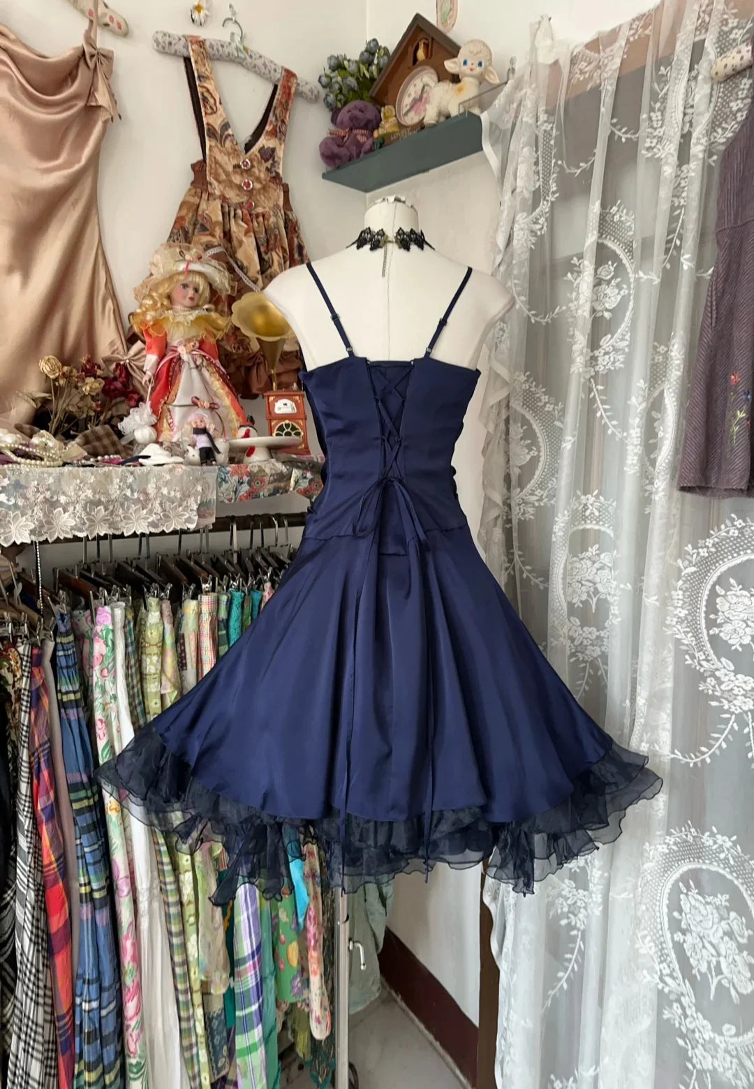 Navy Blue Satin Spaghetti Straps A Line Short Evening Dress Vintage Short Party Dress Homecoming Dress