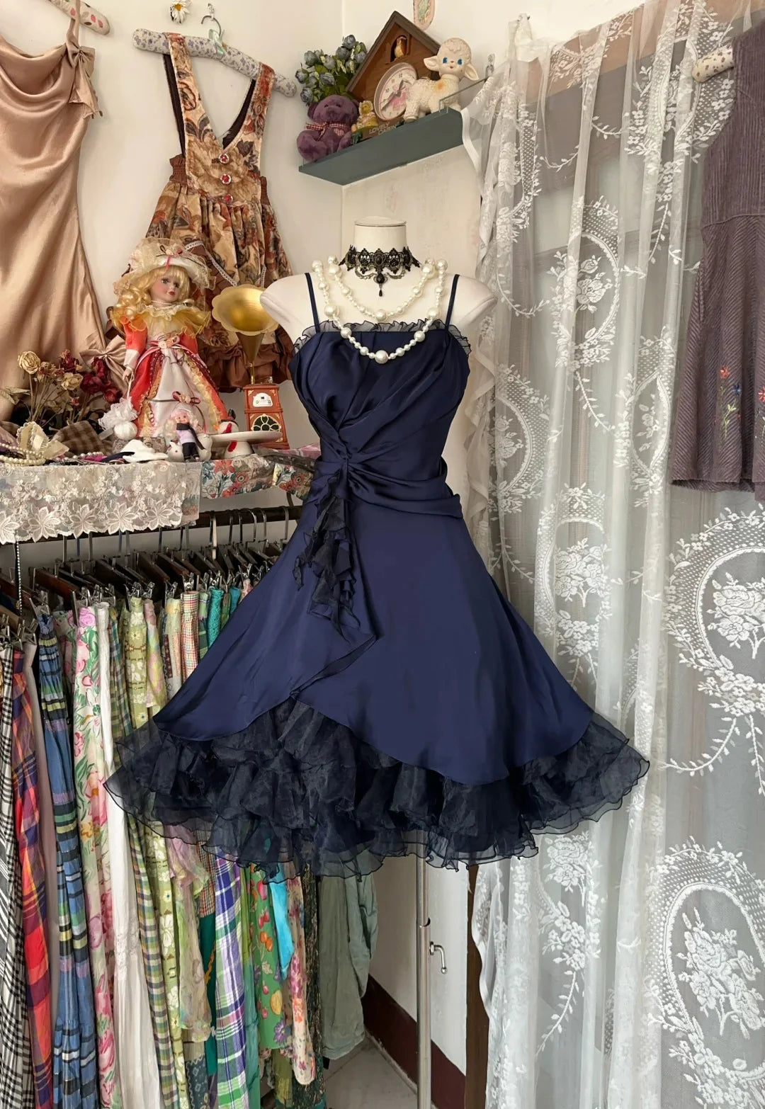 Navy Blue Satin Spaghetti Straps A Line Short Evening Dress Vintage Short Party Dress Homecoming Dress