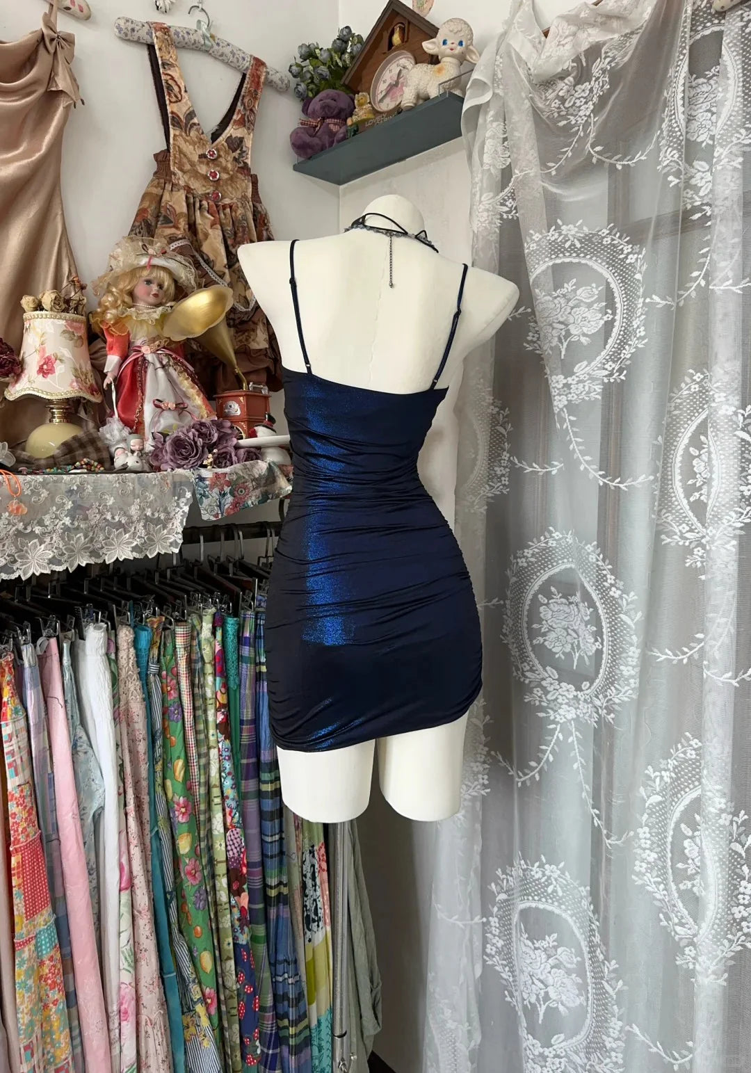 Navy Blue Satin Spaghetti Straps Sheath  Short Party Dress Cocktail Dresses Homecoming Dress