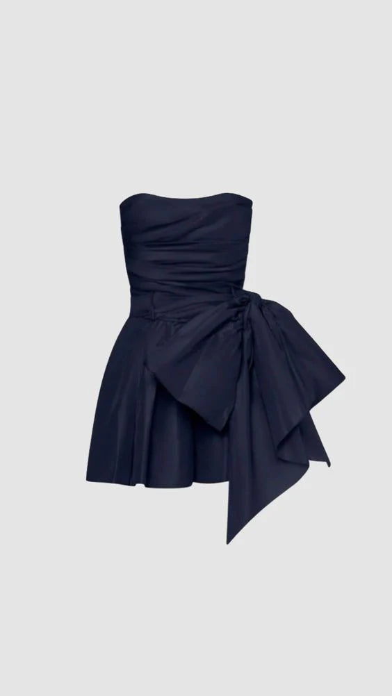 Navy Blue Satin Strapless Zipper Back Short Homecoming Dress Party Dress With Bow