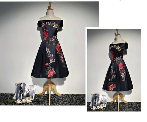 Navy Blue Satin with Embroidery Off Shoulder Short Party Dress Homecoming Dresses