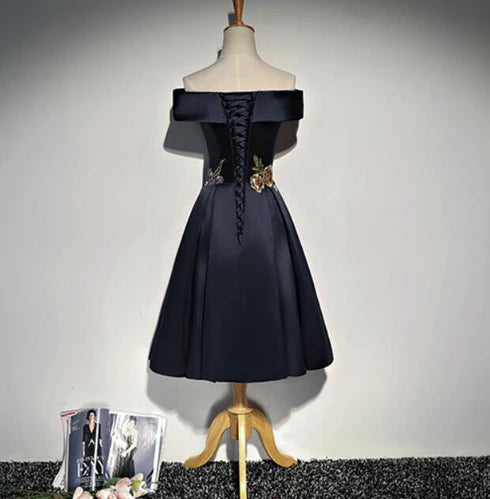 Navy Blue Satin with Embroidery Off Shoulder Short Party Dress Homecoming Dresses