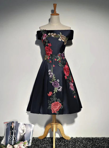 Navy Blue Satin with Embroidery Off Shoulder Short Party Dress Homecoming Dresses