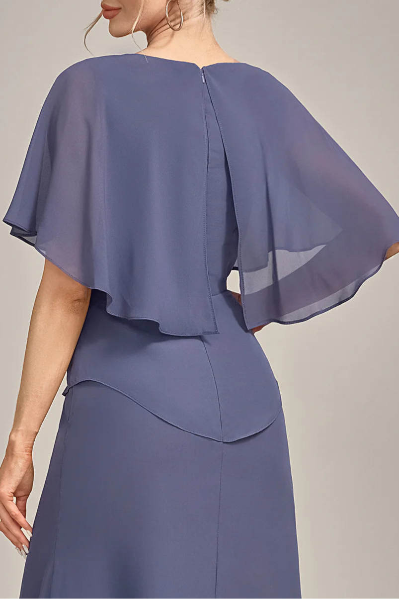 Navy Blue Sheath Scoop Neck Tea-Length Stormy Chiffon Mother of the Bride Dress With Cape