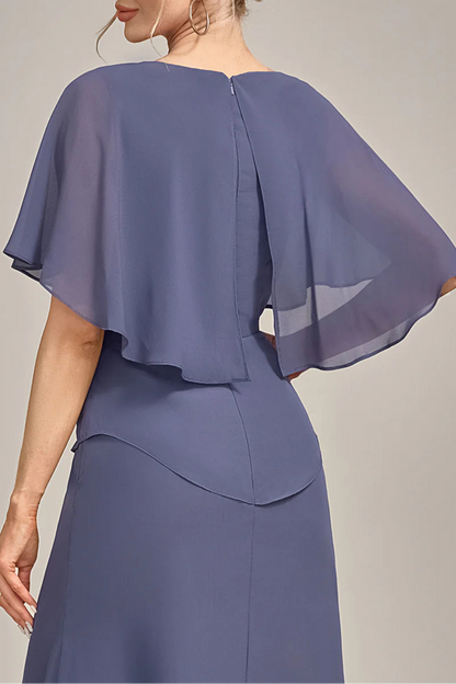 Navy Blue Sheath Scoop Neck Tea-Length Stormy Chiffon Mother of the Bride Dress With Cape