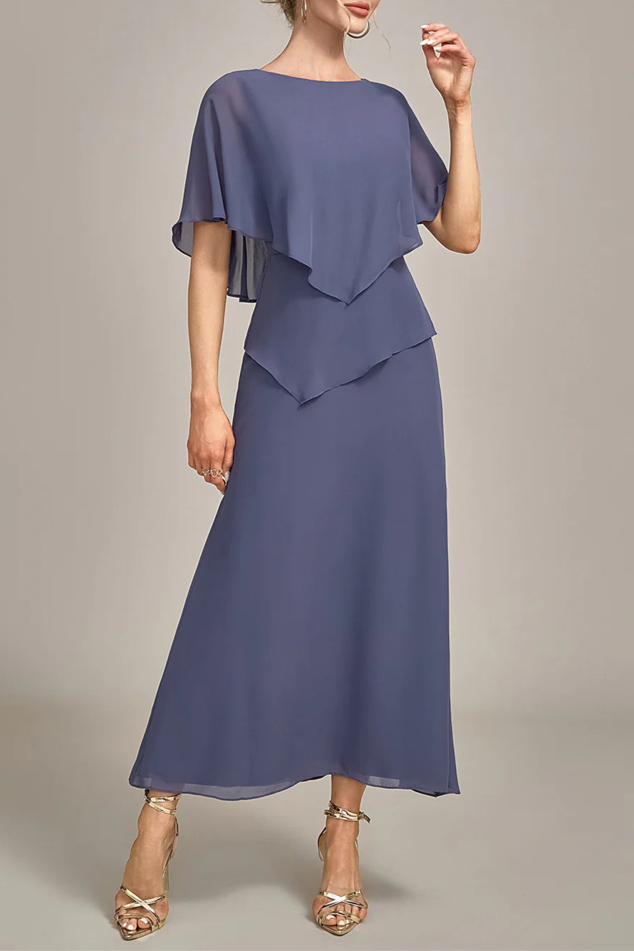 Navy Blue Sheath Scoop Neck Tea-Length Stormy Chiffon Mother of the Bride Dress With Cape