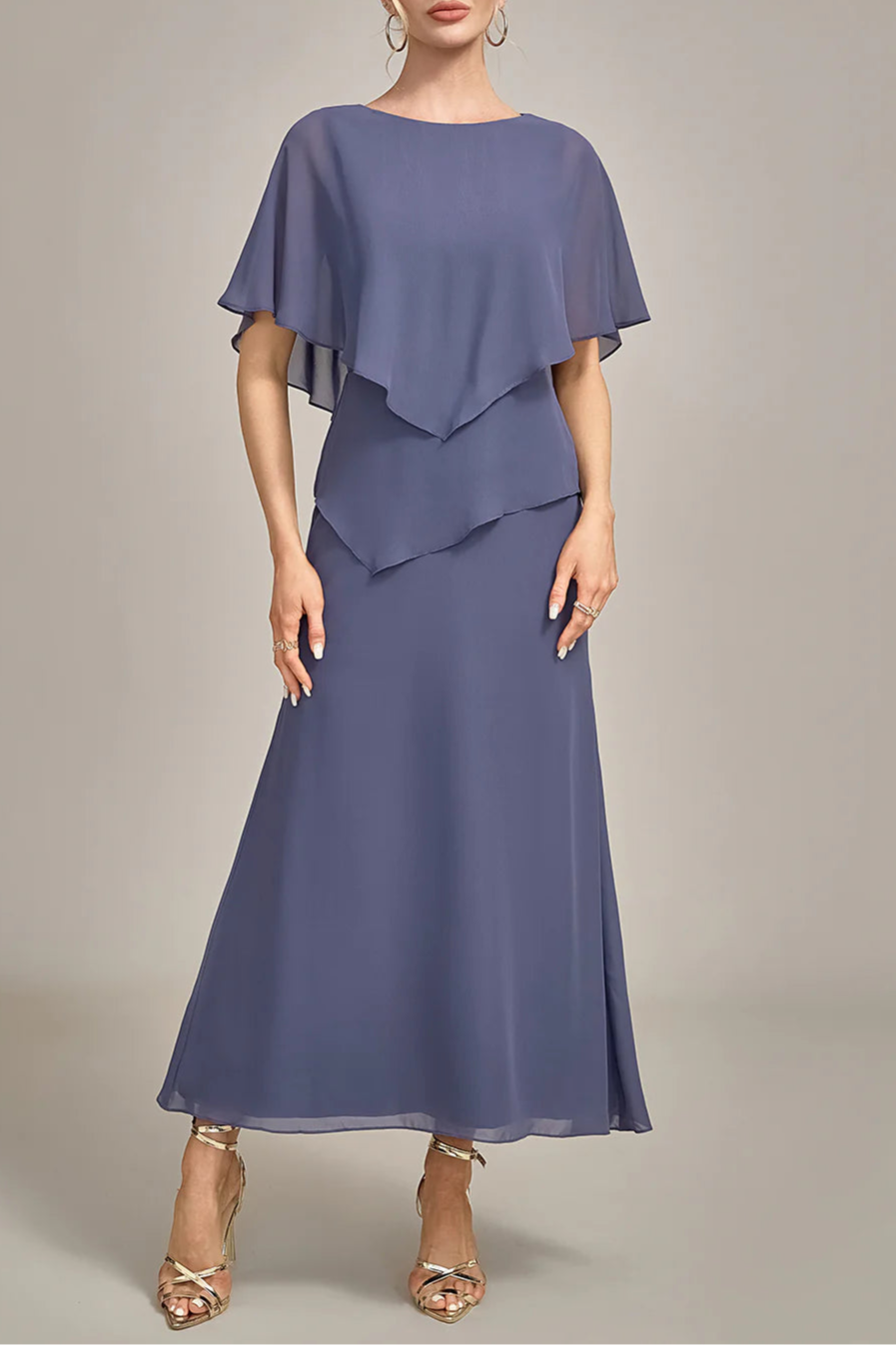 Navy Blue Sheath Scoop Neck Tea-Length Stormy Chiffon Mother of the Bride Dress With Cape