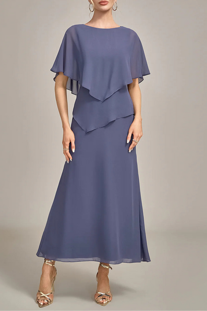 Navy Blue Sheath Scoop Neck Tea-Length Stormy Chiffon Mother of the Bride Dress With Cape