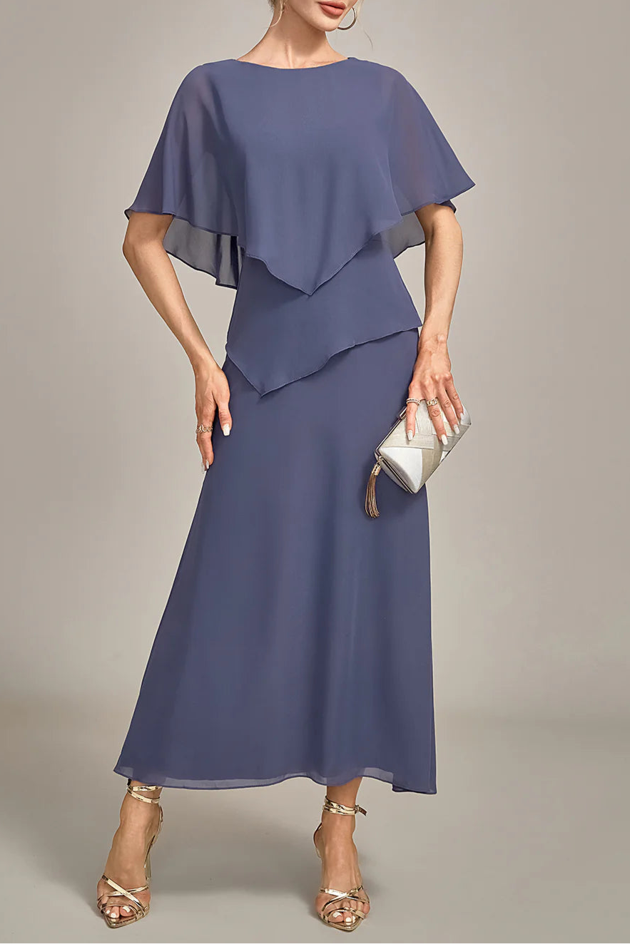 Navy Blue Sheath Scoop Neck Tea-Length Stormy Chiffon Mother of the Bride Dress With Cape