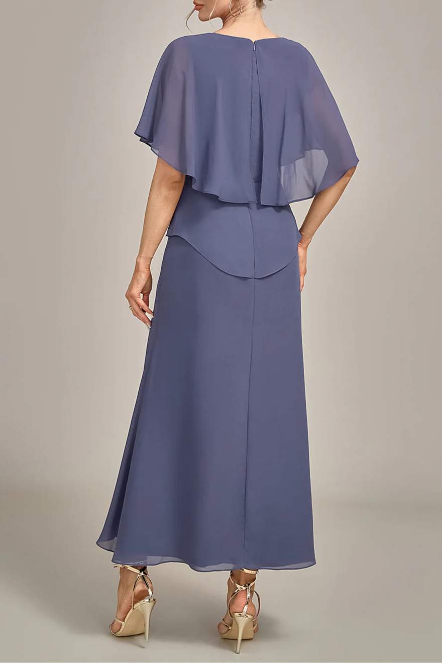 Navy Blue Sheath Scoop Neck Tea-Length Stormy Chiffon Mother of the Bride Dress With Cape