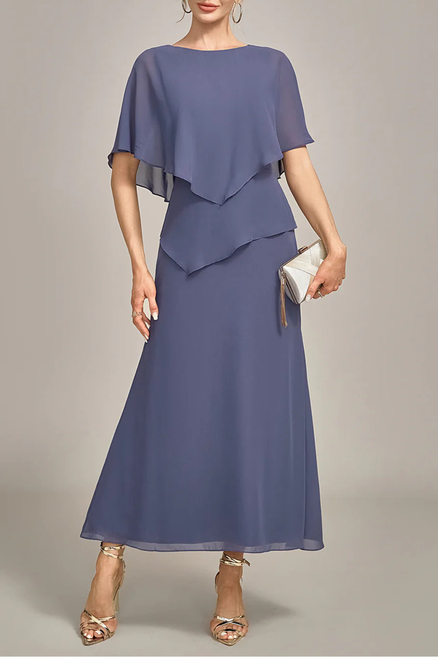 Navy Blue Sheath Scoop Neck Tea-Length Stormy Chiffon Mother of the Bride Dress With Cape