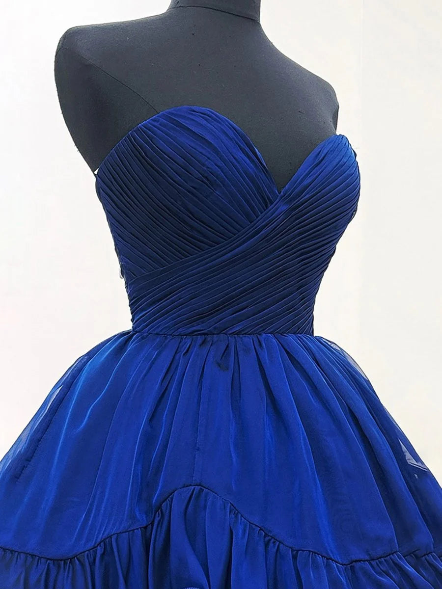 Navy Blue Organza Strapless Slant Pleated A Line Short Homecoming Dresses With Tiered Ruffles