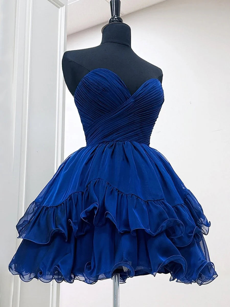 Navy Blue Organza Strapless Slant Pleated A Line Short Homecoming Dresses With Tiered Ruffles