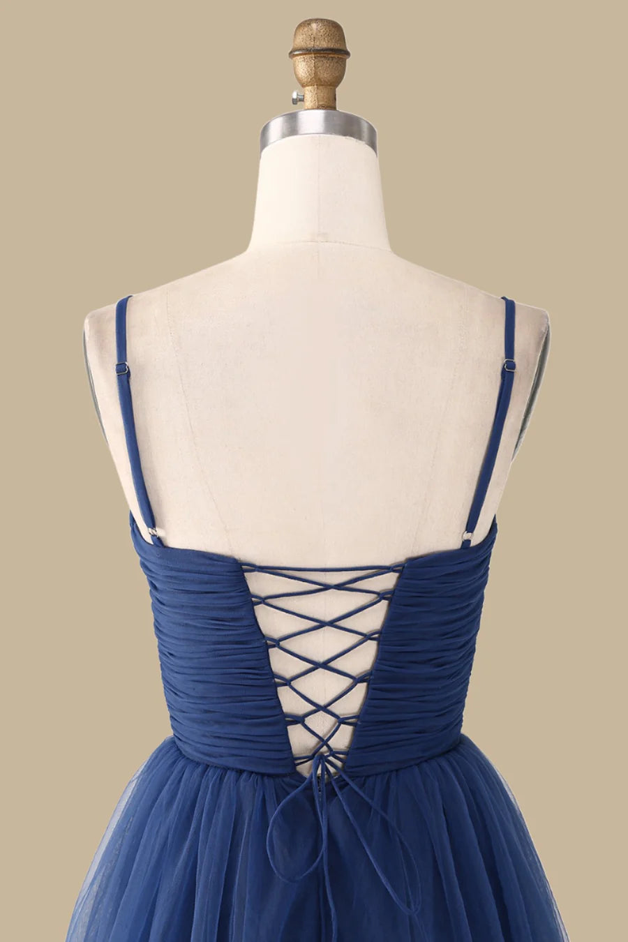 Navy Blue Tulle Spaghetti Strap Tiered Slit Maxi Dress Bridesmaid Dresses