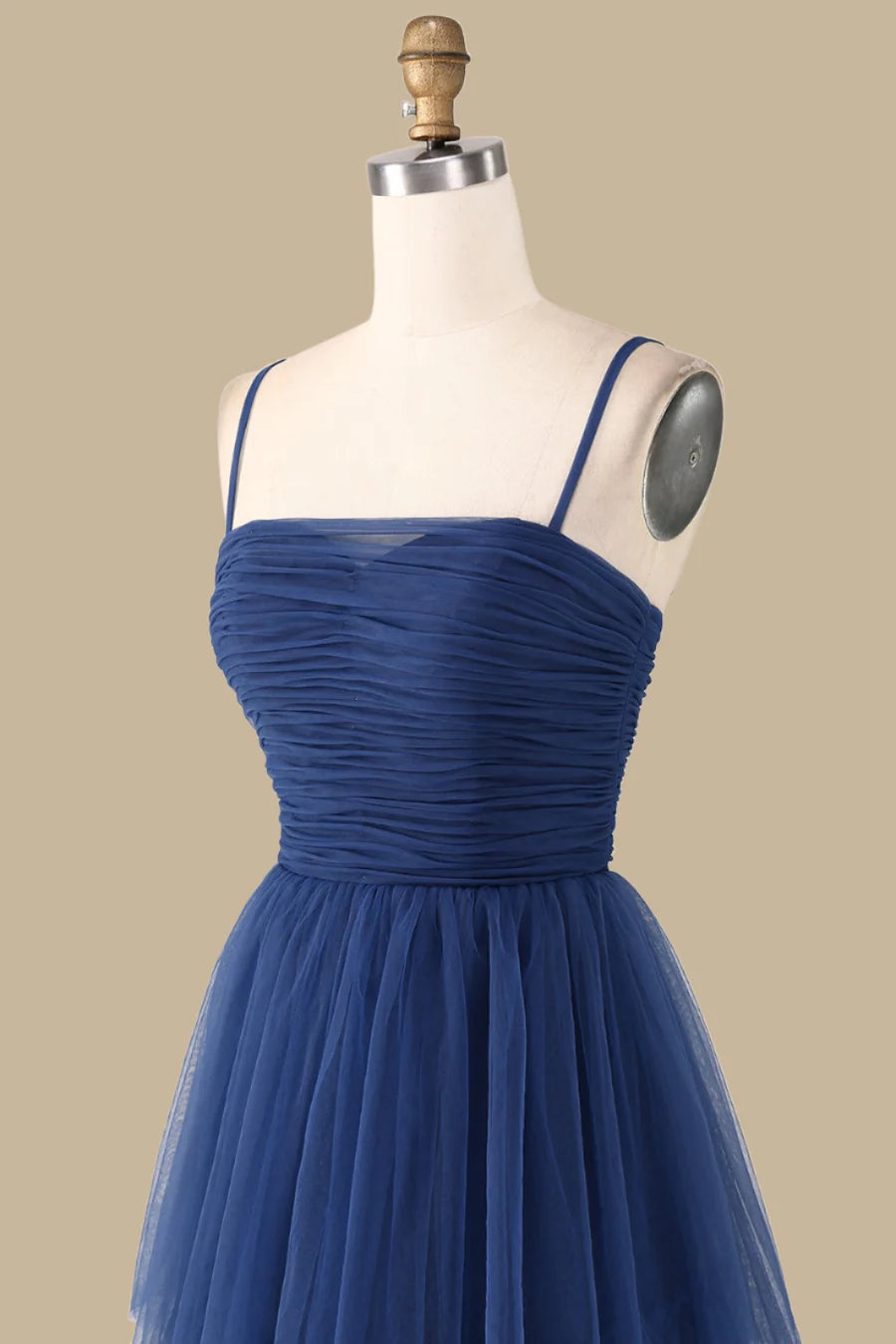 Navy Blue Tulle Spaghetti Strap Tiered Slit Maxi Dress Bridesmaid Dresses