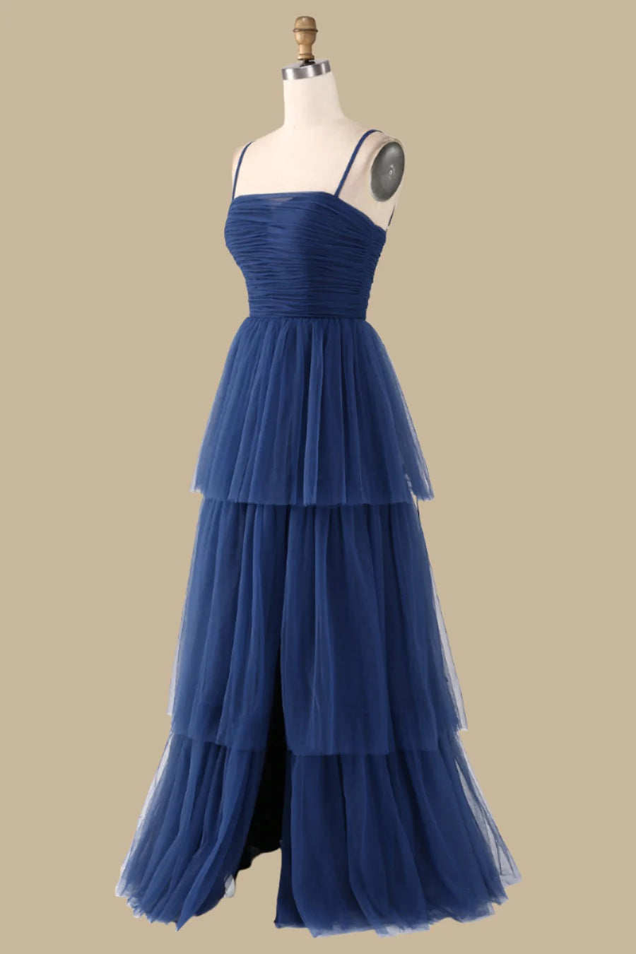 Navy Blue Tulle Spaghetti Strap Tiered Slit Maxi Dress Bridesmaid Dresses