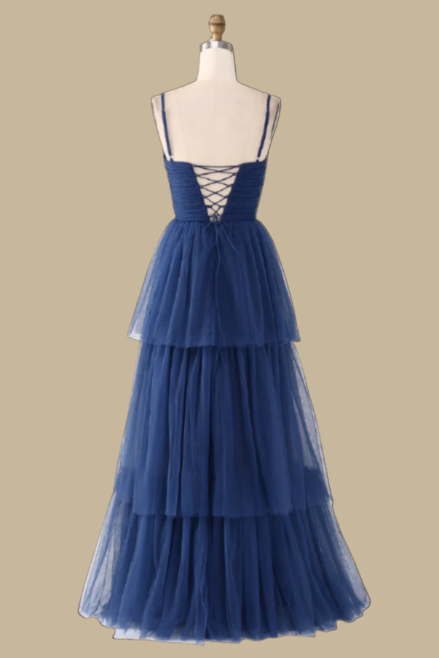 Navy Blue Tulle Spaghetti Strap Tiered Slit Maxi Dress Bridesmaid Dresses