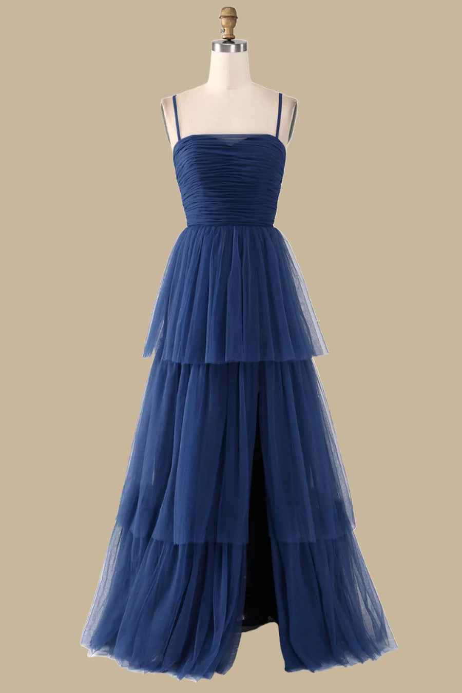 Navy Blue Tulle Spaghetti Strap Tiered Slit Maxi Dress Bridesmaid Dresses