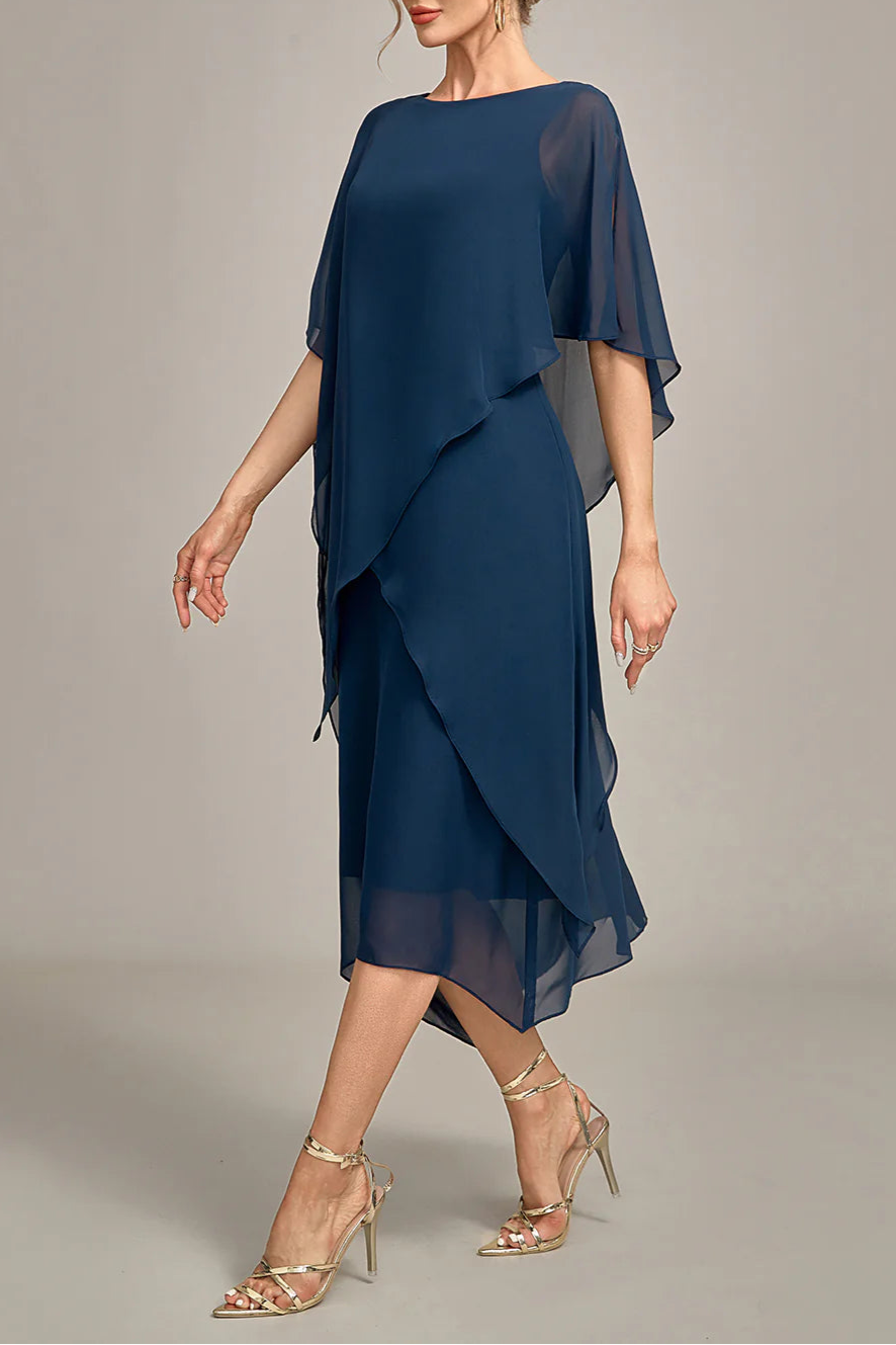 Navy Chiffon Scoop Neck A-line Tea-Length Mother of the Bride Dress With Asymmetrical Hem