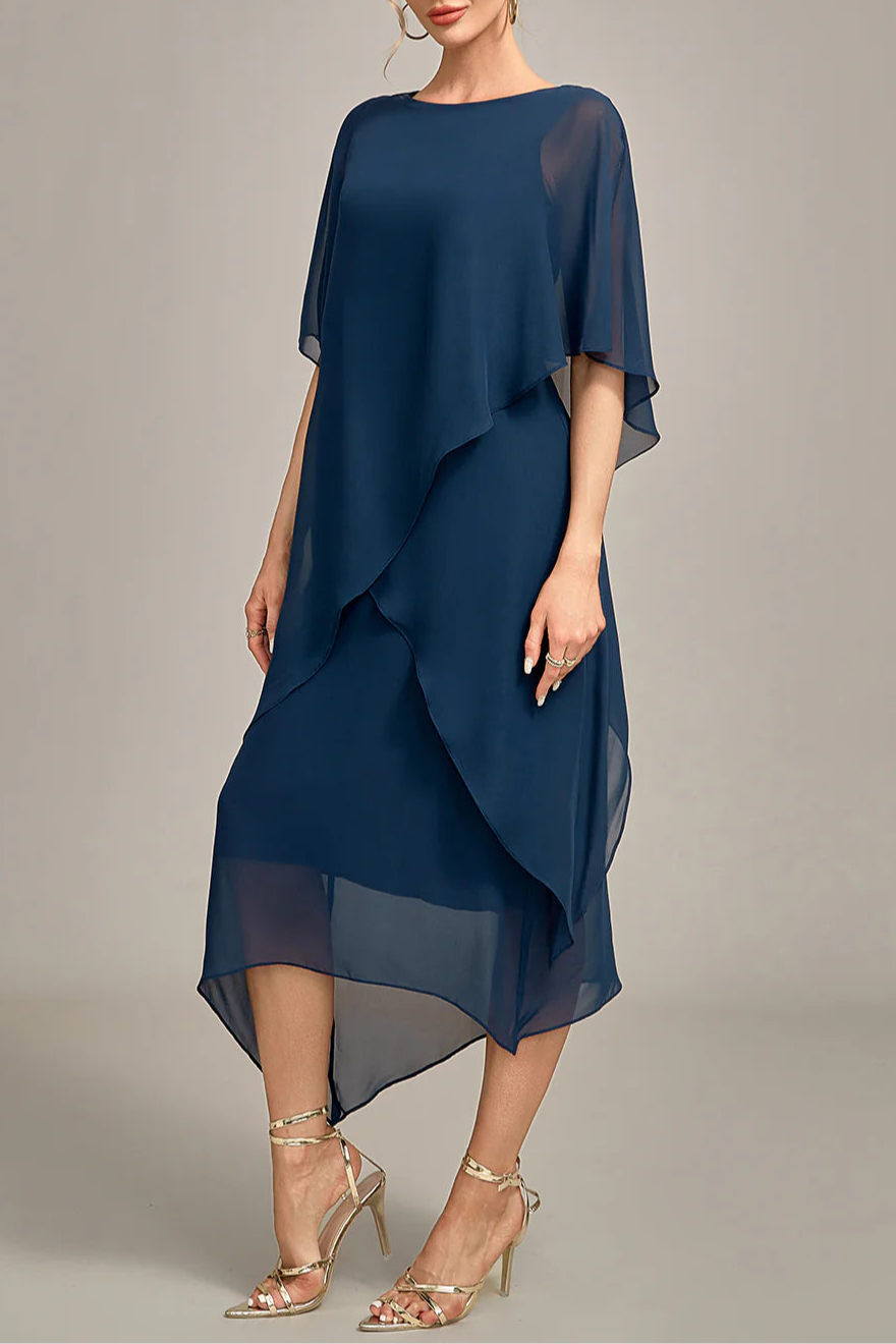 Navy Chiffon Scoop Neck A-line Tea-Length Mother of the Bride Dress With Asymmetrical Hem