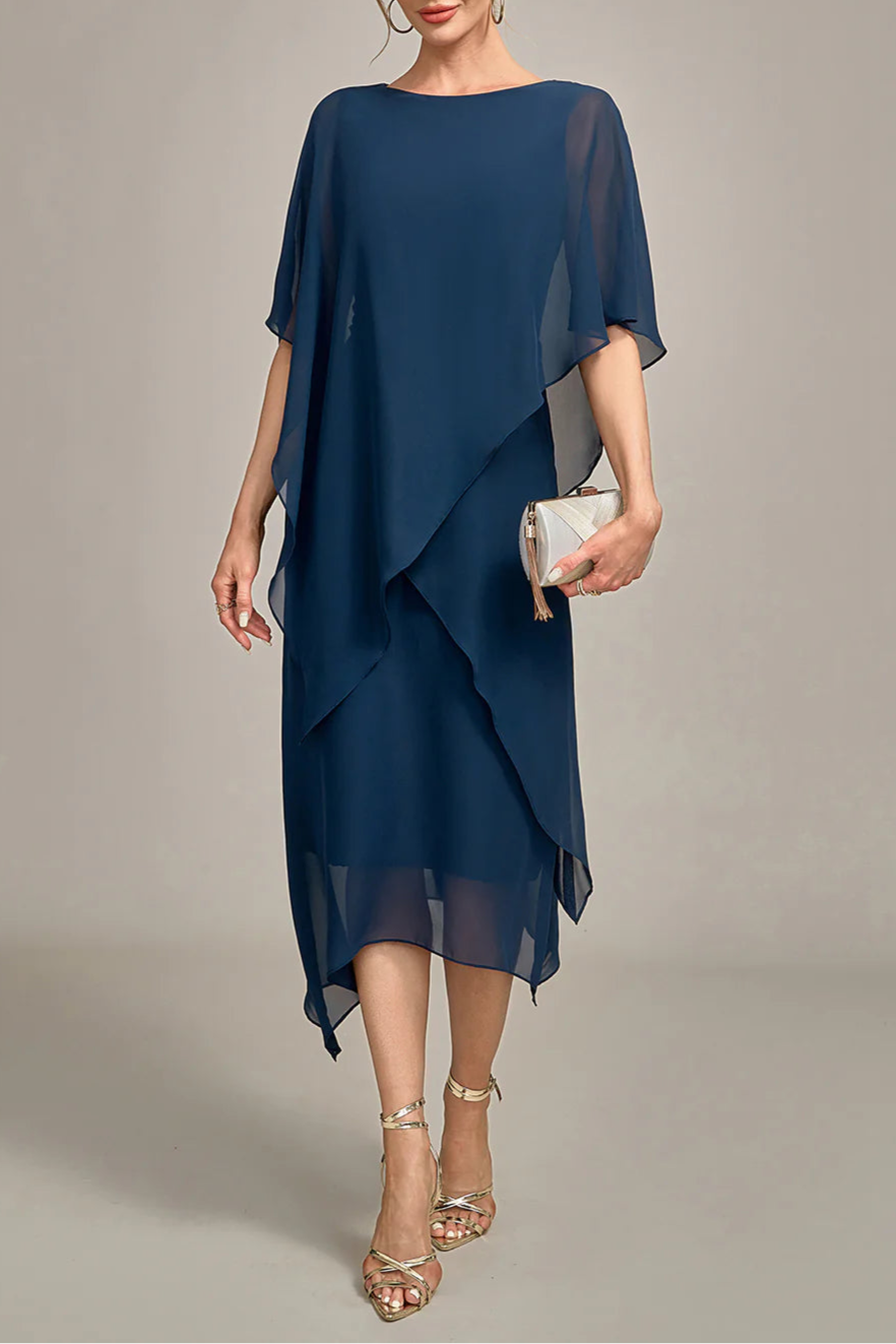 Navy Chiffon Scoop Neck A-line Tea-Length Mother of the Bride Dress With Asymmetrical Hem
