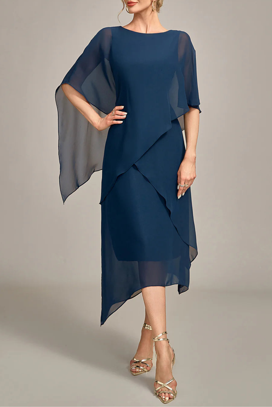 Navy Chiffon Scoop Neck A-line Tea-Length Mother of the Bride Dress With Asymmetrical Hem