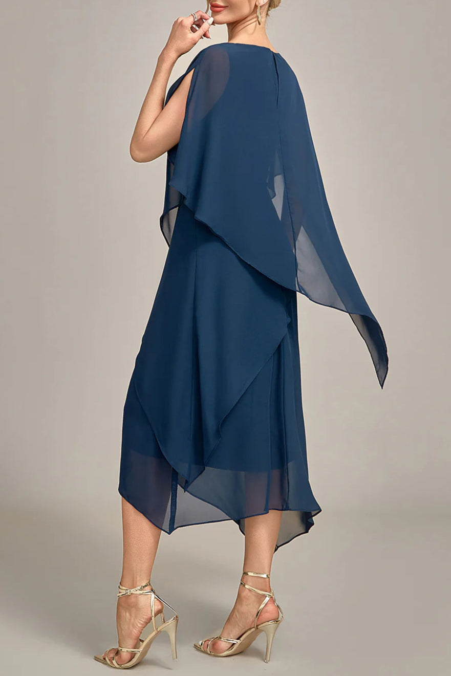 Navy Chiffon Scoop Neck A-line Tea-Length Mother of the Bride Dress With Asymmetrical Hem
