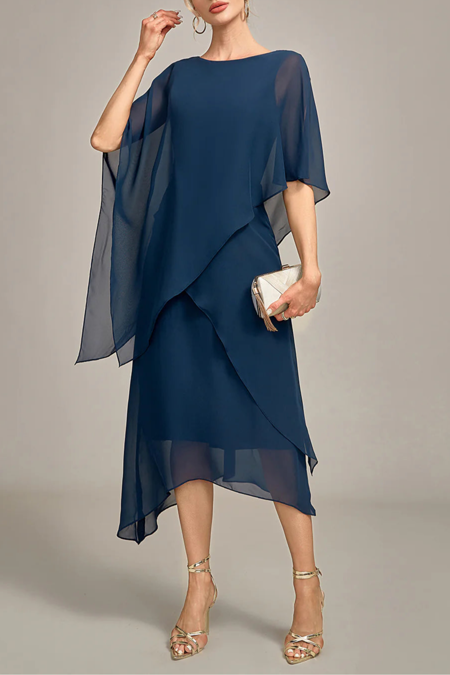 Navy Chiffon Scoop Neck A-line Tea-Length Mother of the Bride Dress With Asymmetrical Hem