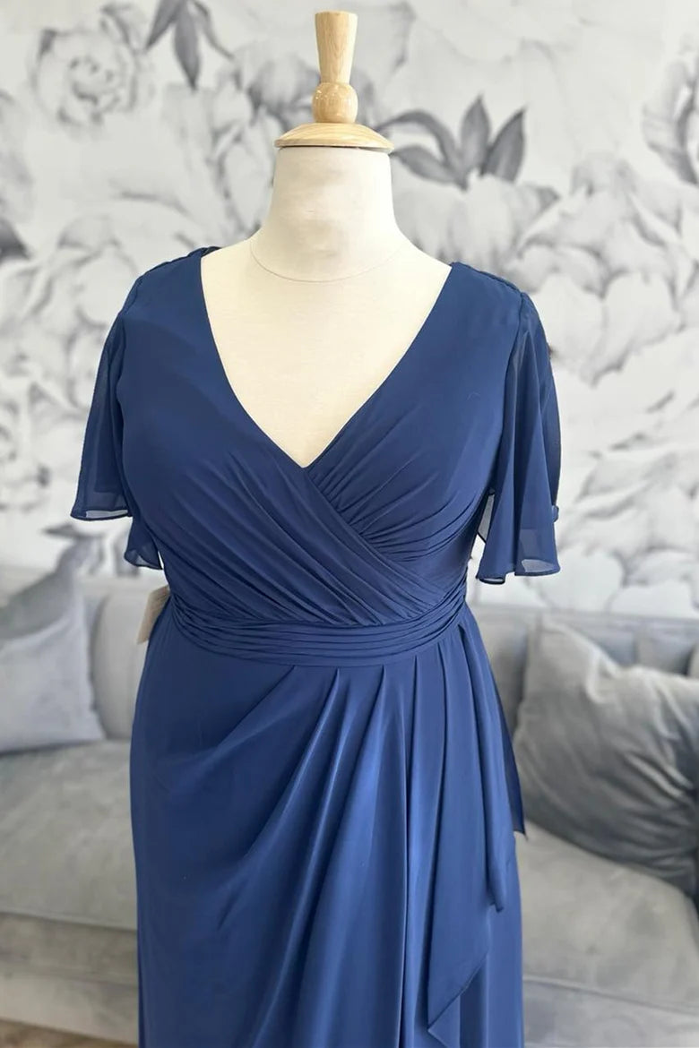 Navy Chiffon Surplice Neckline Flutter Sleeves Ruffle Full Length Mother of the Bride Dresses